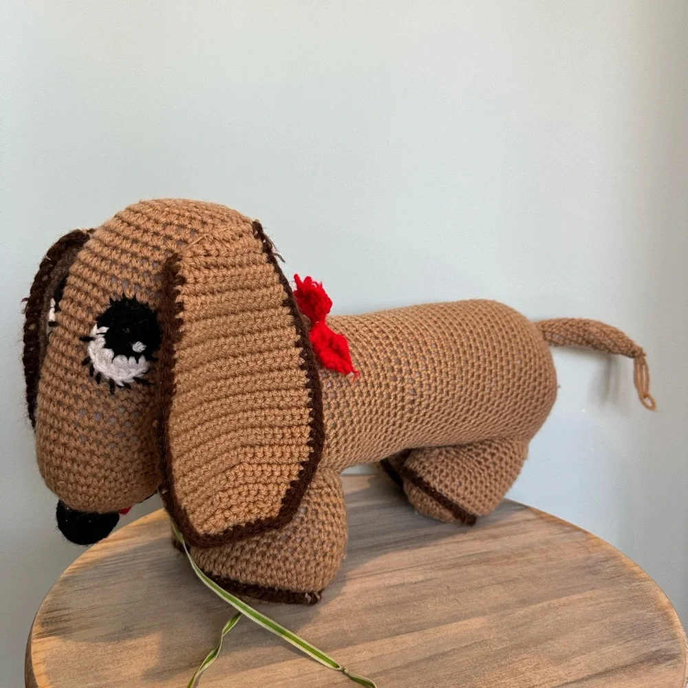 Handmade dachshund Holiday brown and black weenie dog with red collar crochet